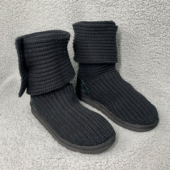 UGG Women's Classic Cardy Fold Over Two Button Tall Knit Boot-Black Suede, Sz 6 - Picture 2 of 16